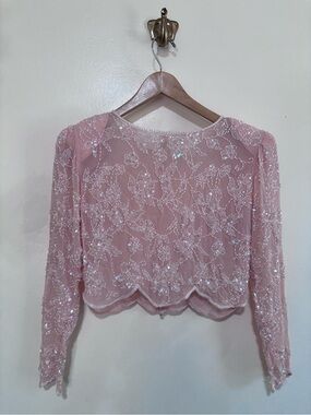 Swee Lo 100% Silk Hand Beaded Pink Floral Sheer Evening Top size M